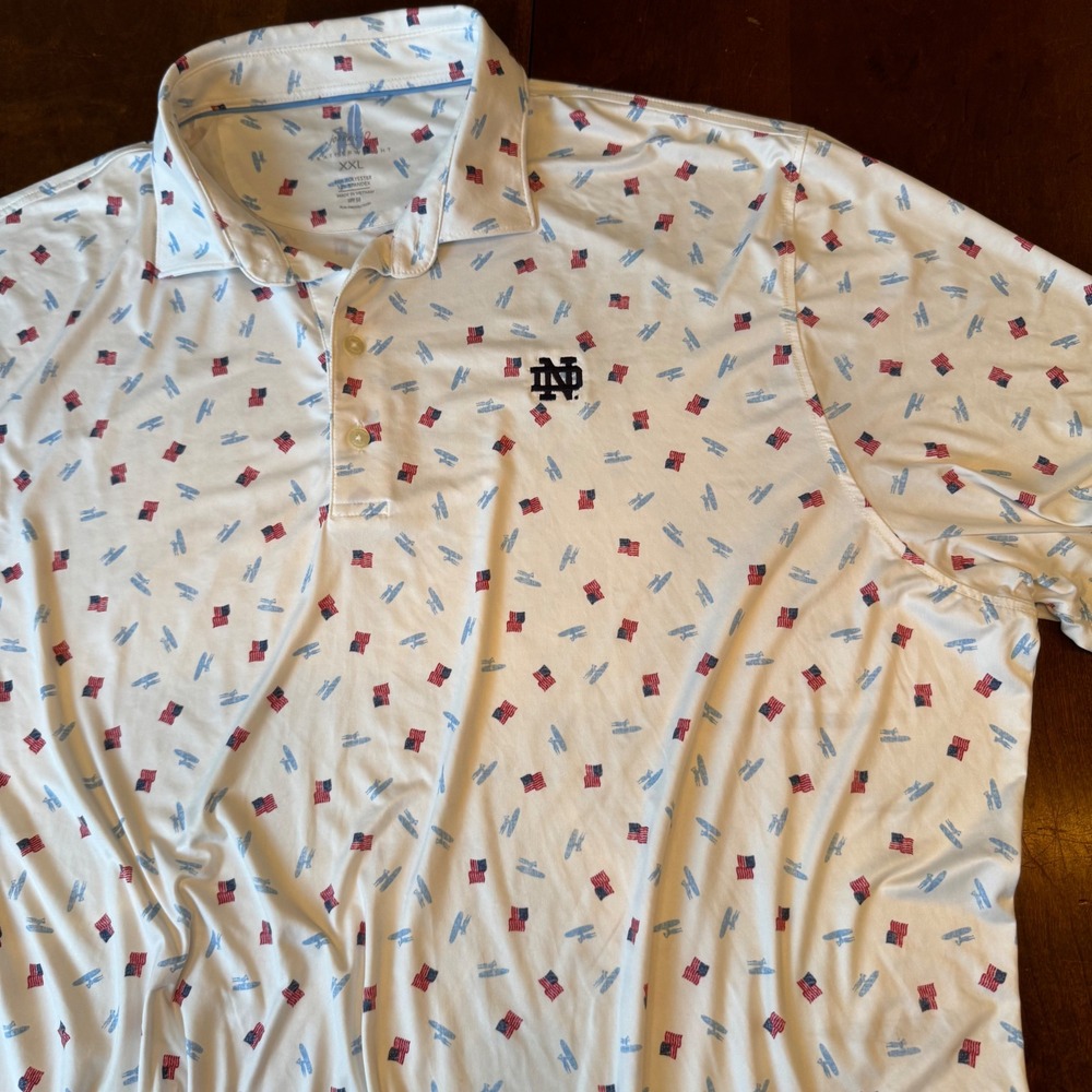 Johnnie-O Polo Men XXL White Notre Dame Patriotic Flag Airplane Featherweight